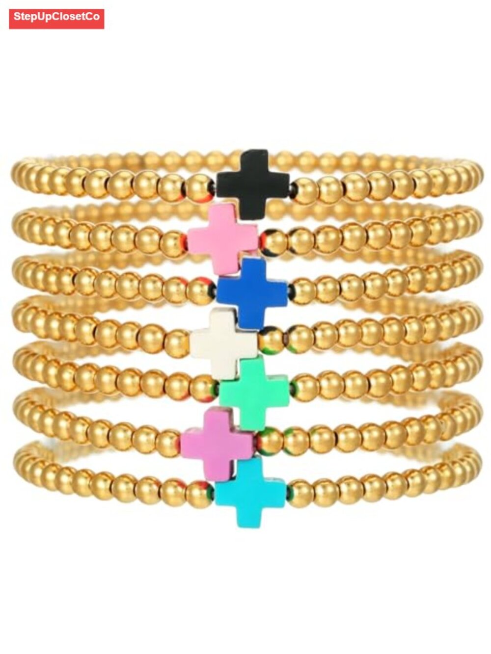 Gold Plated Bead Bracelets Set for Women - 7 Pcs Stackable Stretch Bangles,